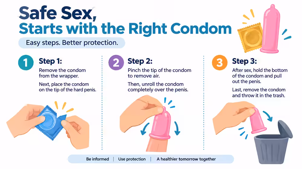 Three-step illustrated guide to using an external condom, from opening the wrapper to removal and disposal after sex.