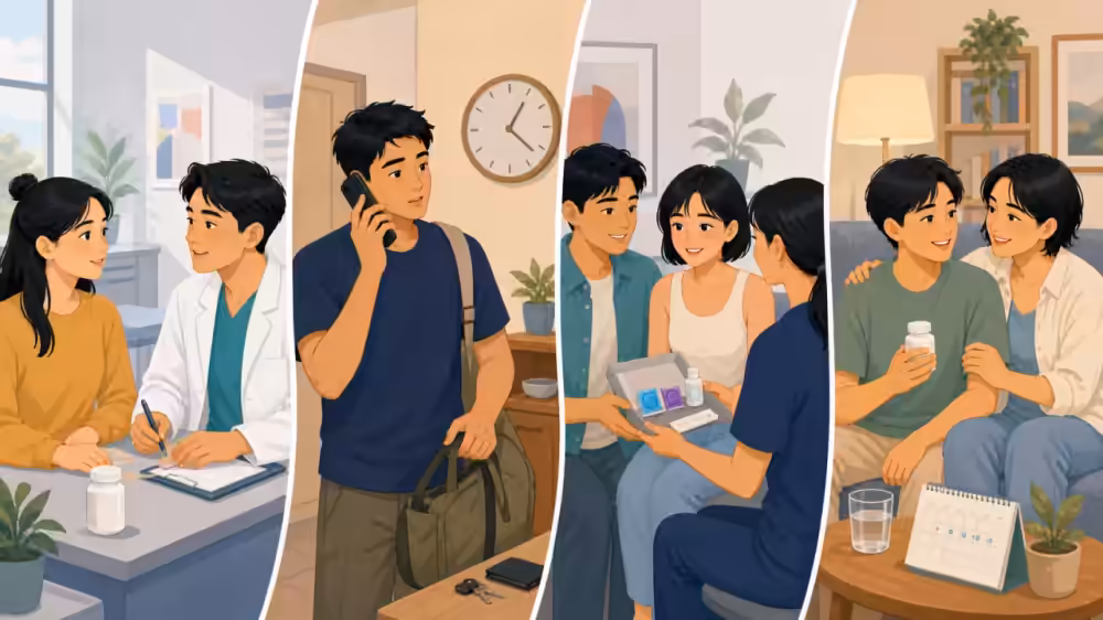 Four illustrated HIV prevention scenes with Asian adults under 40: discussing PrEP, calling about urgent PEP, receiving a prevention kit, and following HIV treatment with a supportive partner.