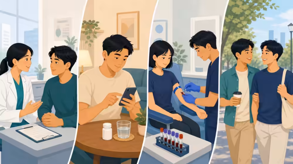 Four illustrated HIV treatment scenes with Asian adults under 40: making a care plan, following a medicine routine, checking viral load, and enjoying everyday life with a partner.