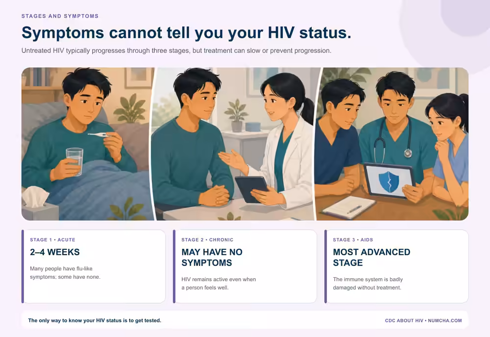 HIV stages and symptoms infographic with Asian adults under 40 showing possible flu-like symptoms, a symptom-free chronic stage, and supportive advanced care.
