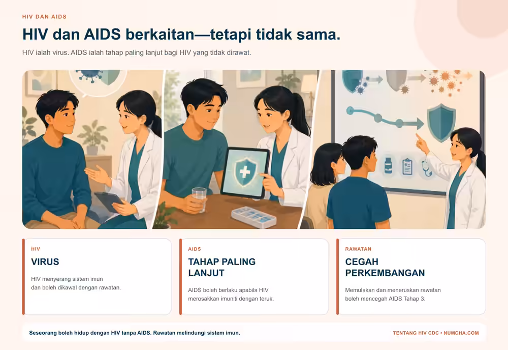 Infografik untuk topik “HIV dan AIDS: apakah perbezaannya?”.