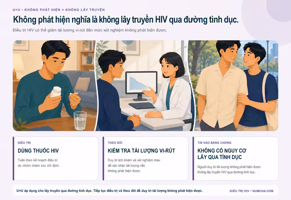Bản đồ infographic giải thích hành trình từ điều trị HIV đến tải lượng vi-rút không phát hiện được