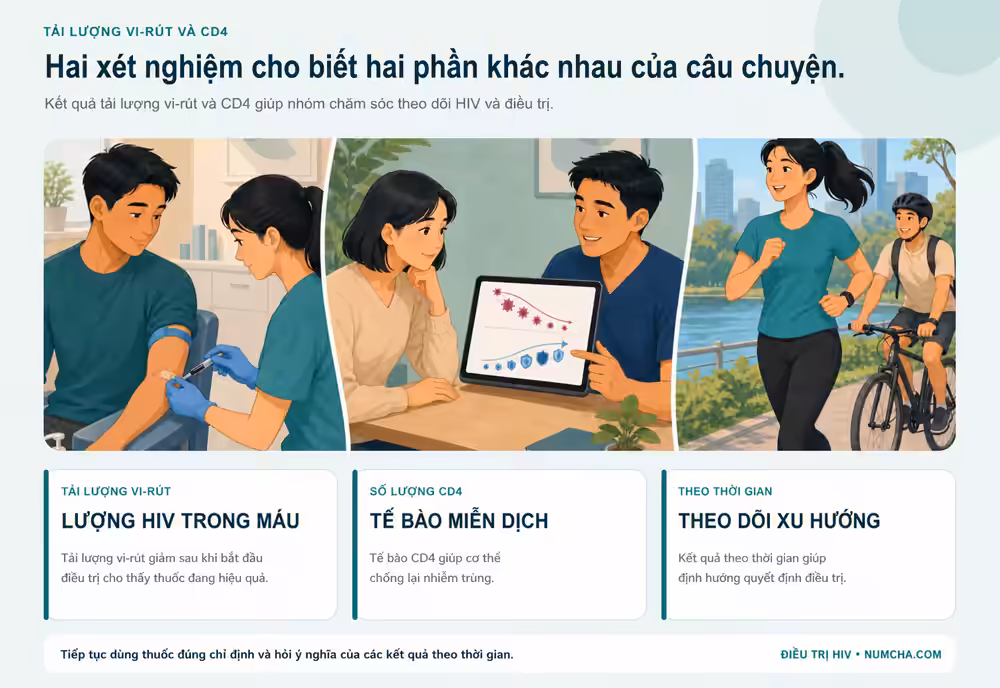 Đồ họa thông tin minh họa cho chủ đề “Tải lượng vi-rút và CD4”.